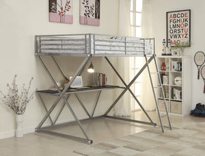 Full Size Metal Workstation Loft Bunk Bed, Silver