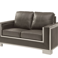 Contemporary Leather Gel Love Seat With Stainless Steel Trim, Gray