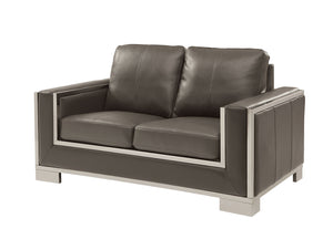 Contemporary Leather Gel Love Seat With Stainless Steel Trim, Gray