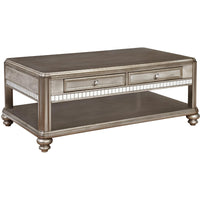 Wooden Coffee Table With Drawers & Shelf, Metallic Platinum Silver Gray