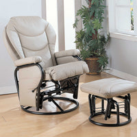 Leatherette Upholstered Metal Swivel Glider Recliner with Ottoman, Cream and Black
