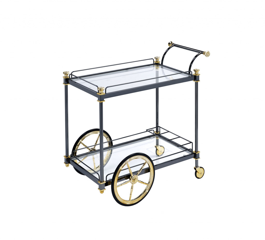 20" X 31" X 31" Black Gold Clear Glass Metal Casters Serving Cart