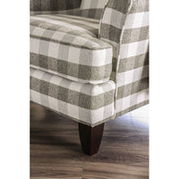 Checkered Fabric Sofa Chair With Wooden Frame, White & Gray