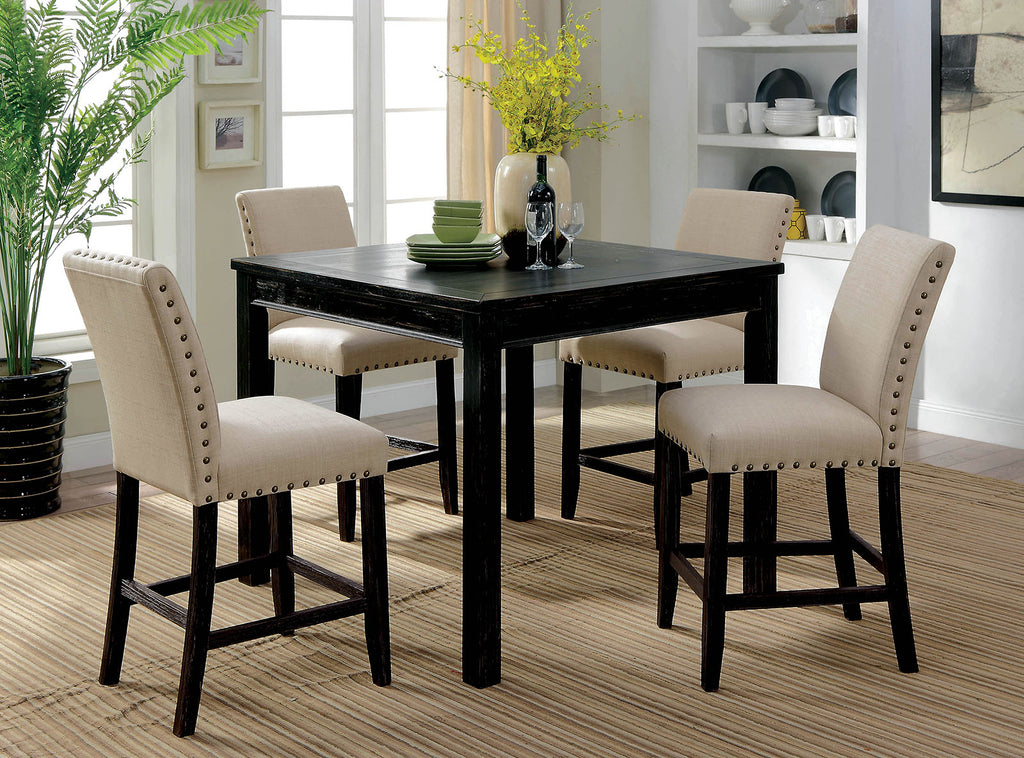 5Piece Wooden Counter Height Table Set In Antique Black And Beige