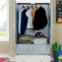 Wooden Armoire With Three Bottom Drawers In Blue And White