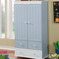 Wooden Armoire With Three Bottom Drawers In Blue And White