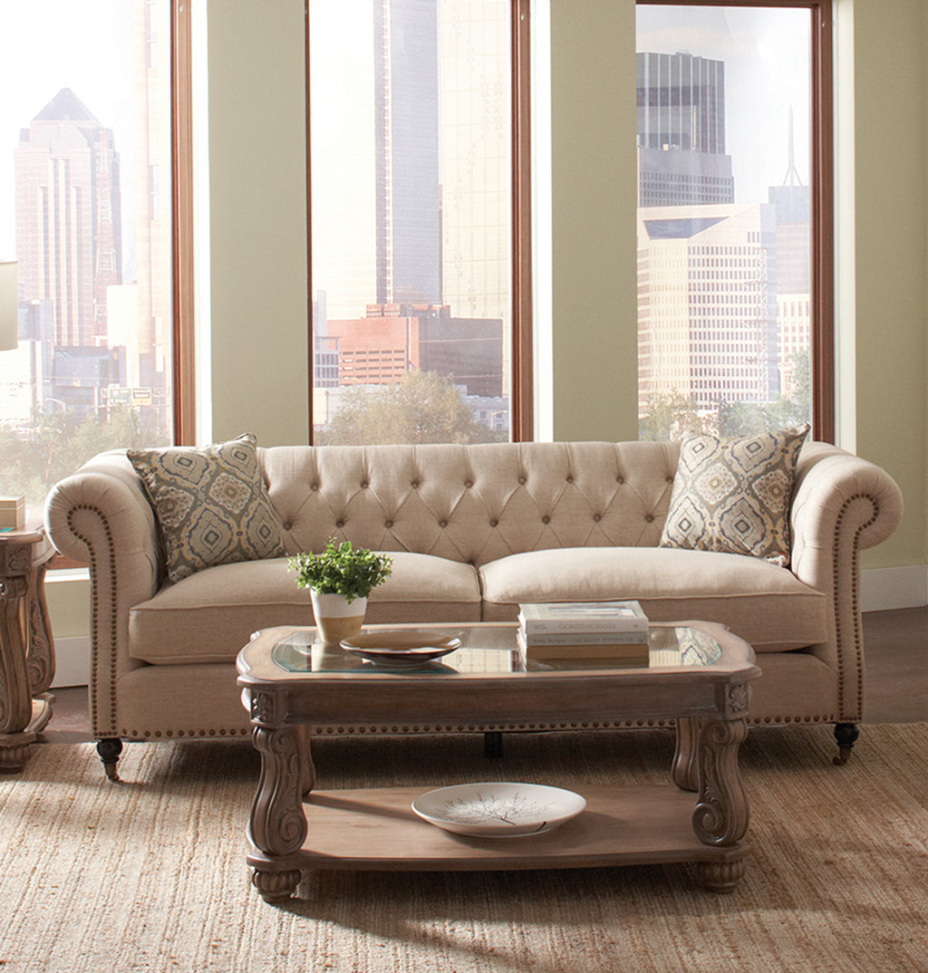 Contemporary Fabric & Wood Sofa With Accent Pillows, Beige and Brown