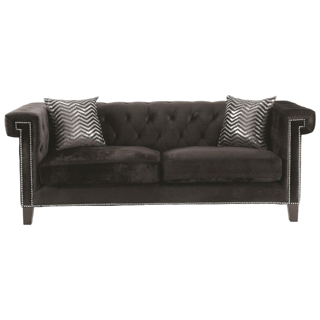 Contemporary Velvet Fabric & Wood Sofa With Accent Pillows, Charcoal Gray