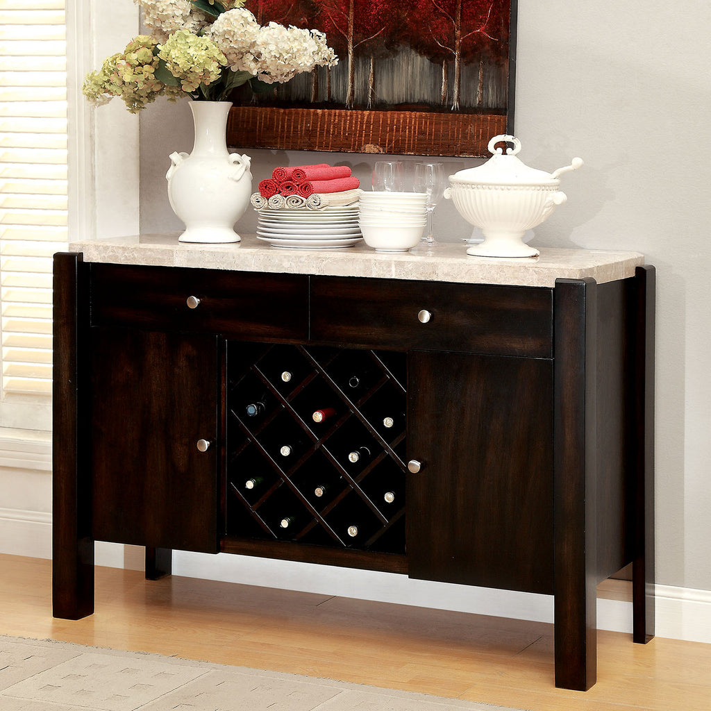 Wooden Server With Marble Top And Two Drawers, Brown