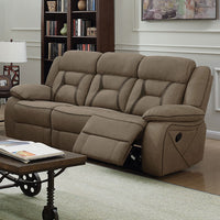 Fabric Upholstered Padded Microfiber Motion Sofa With Contrast Stitching, Brown