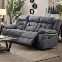 Fabric Upholstered Padded Microfiber Motion Sofa With Contrast Stitching, Gray