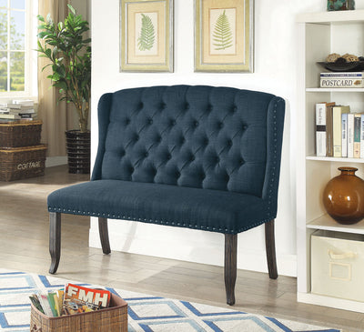 Tufted High Back 2 Seater Love Seat Bench With Nailhead Trims, Blue