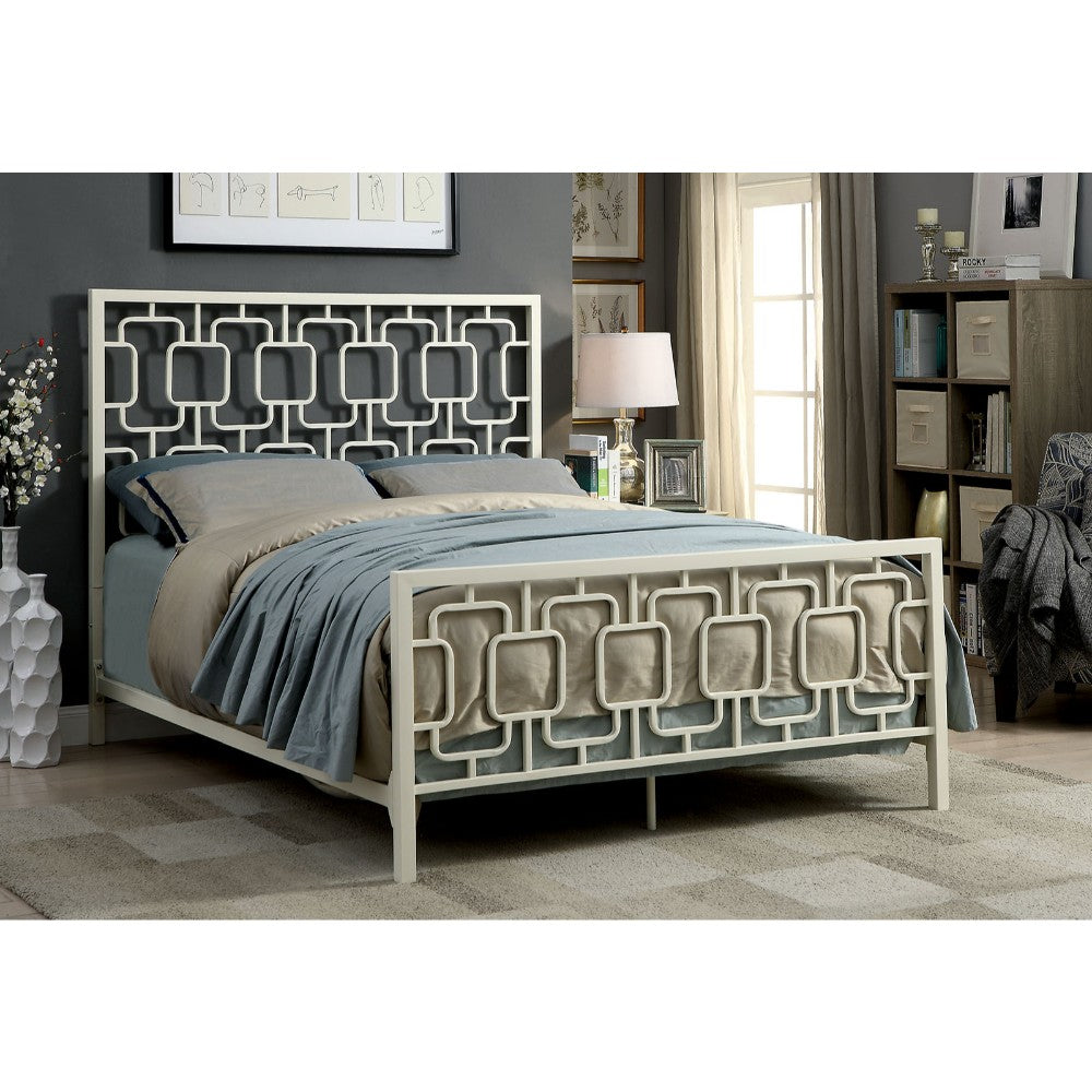 California King Metal Bed with Geometric Pattern Headboard And Footboard, White