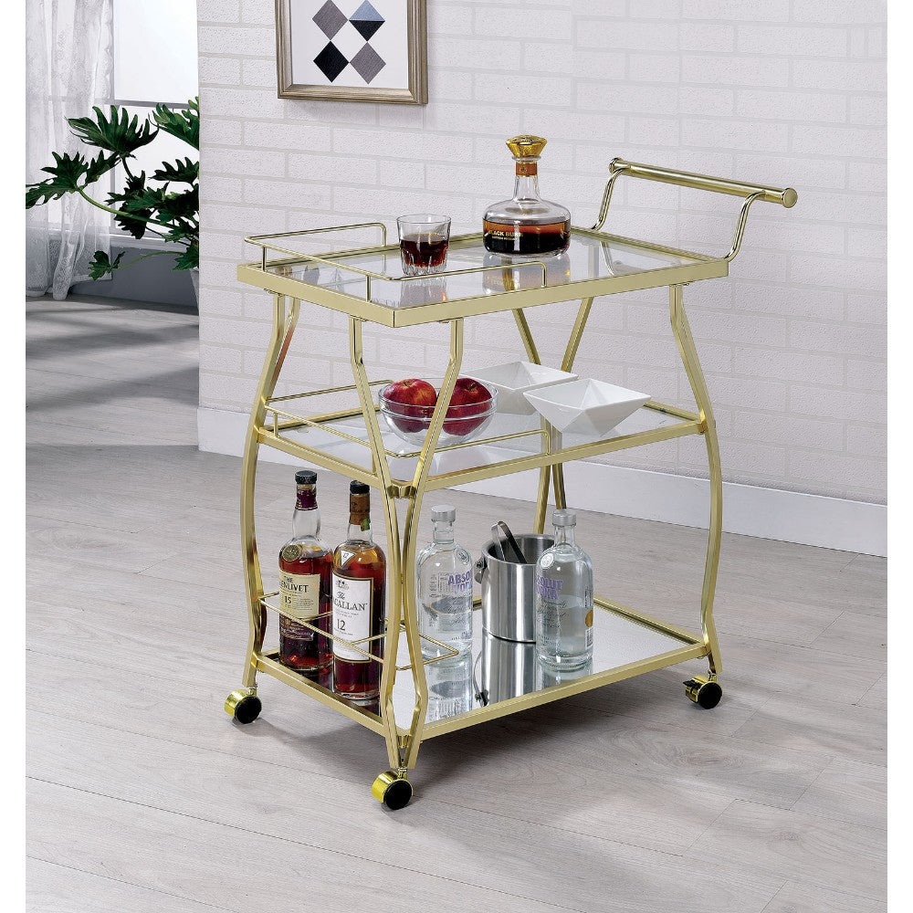 Three Tier Metal And Glass Serving Cart with Four Casters, Gold