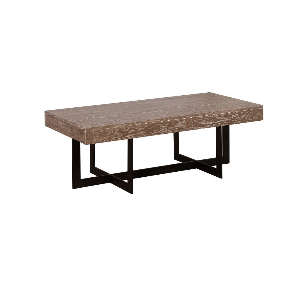 Solid Wood Coffee Table with Two Side Drawer and Metal Base, Brown and Black