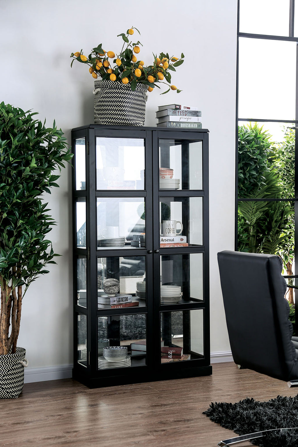 Transitional Wooden Curio Cabinet with Two Glass Doors and Four Shelves, Black