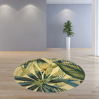 8' Ivory Teal Hand Tufted Tropical Leaves Round Indoor Area Rug