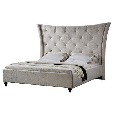 Fabric Upholstered Wooden California King Sized Bed with Tufted Winged Headboard, Beige