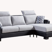 Two Tone Fabric Upholstered Wooden Sectional with Reversible Backrest, Gray and Black, Set of Two