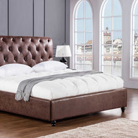 Leatherette Upholstered Wooden California King Size Bed with Button Tufted Headboard, Brown