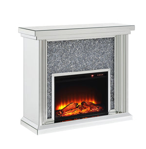 Wood and Mirror Electric Fireplace with Faux Crystals Inlay, Clear and Black