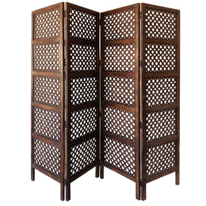 Four Panel Mango Wood Hinged Room Divider with Circular Cutout Design, Brown