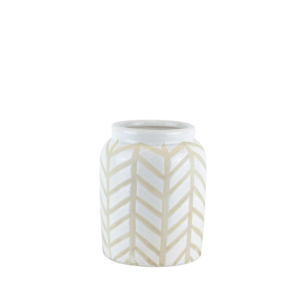 Ceramic Table Vase with Geometric Pattern, Small, White and Beige