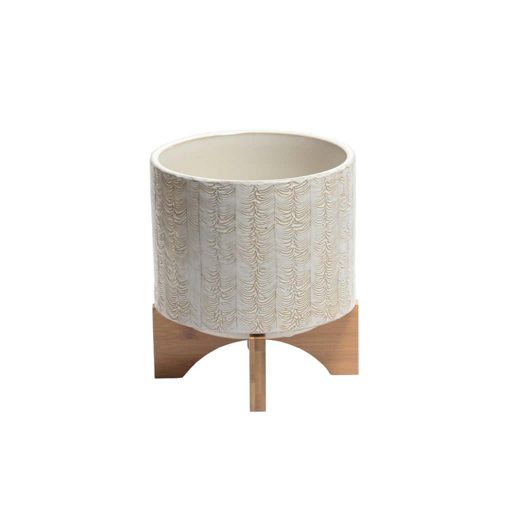 Intricately Designed Round Ceramic Planter, White and Brown