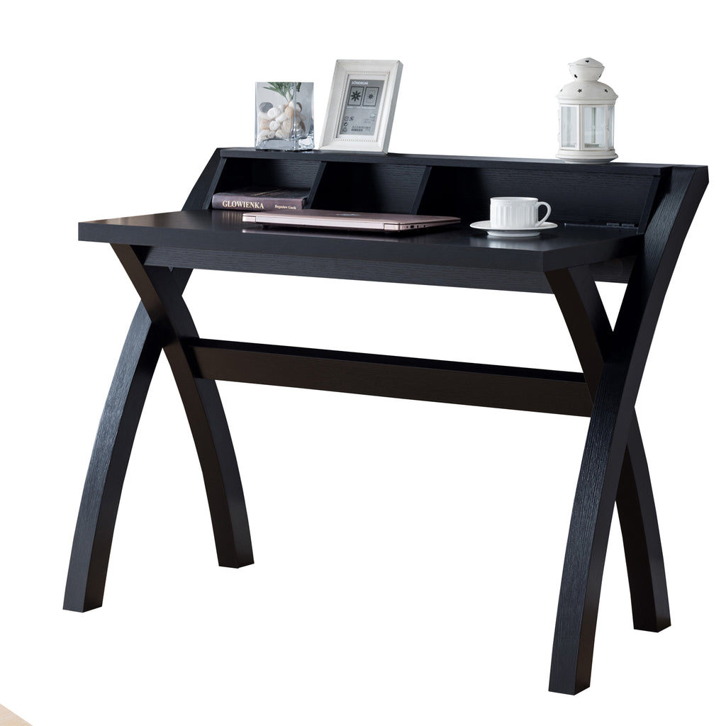 Multifunctional Wooden Desk with Electric Outlet and Trestle Base, Black