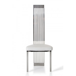 Leatherette Upholstered Dining Chair with Vertical Slat Back Design, White and Silver