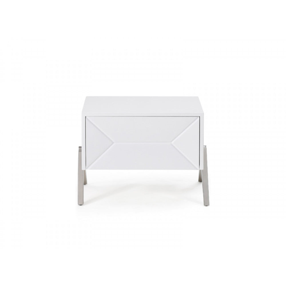 Wooden Nightstand with One Drawer and Inverted V shaped Steel Legs, White and Silver