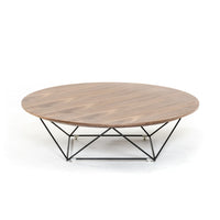 Round Shaped Wooden Top Coffee Table with Unique Design Metal Base, Brown and Black