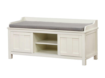 Wooden Storage Bench with Sliding Doors and Padded Seat,White and Gray