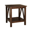 Wooden End Table with Bottom Shelf and Inverted V Design Sides, Brown