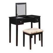 Wooden Vanity with Flip Top Mirror and Cushioned Stool,Black and Beige