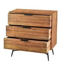 3 Drawer Wooden Chest with Slanted Metal Base, Brown and Black