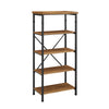 Wooden Bookcase with Four Shelves and Metal Legs, Brown and Black