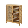 Slated Bamboo Floor Cabinet with 2 Sliding Doors and 3 Shelves, Brown