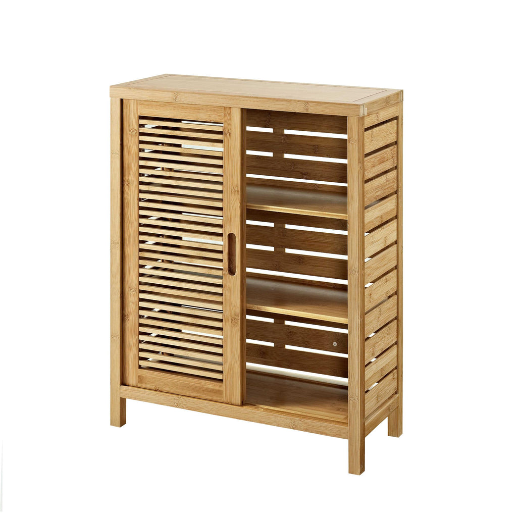 Slated Bamboo Floor Cabinet with 2 Sliding Doors and 3 Shelves, Brown