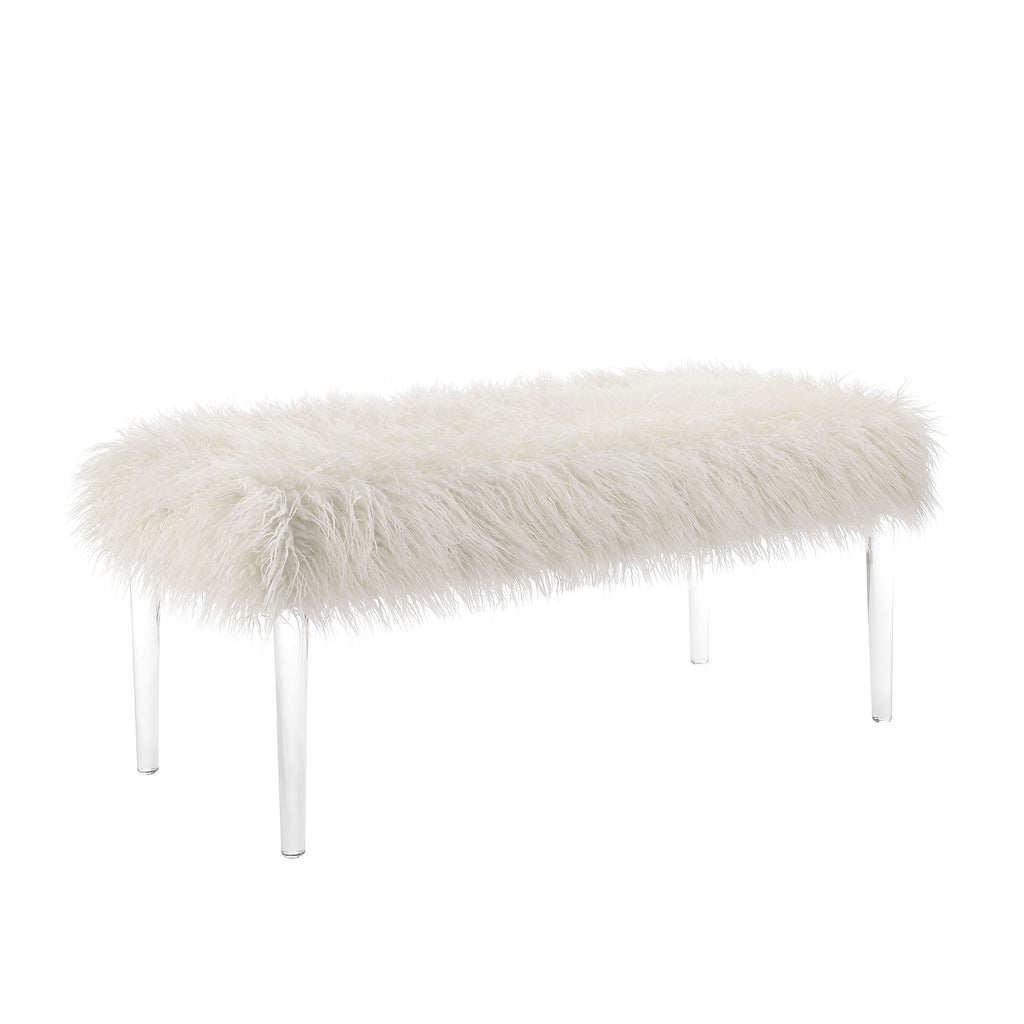 Luxurious Faux Fur Upholstered Bench with Tapered Legs,Clear and White