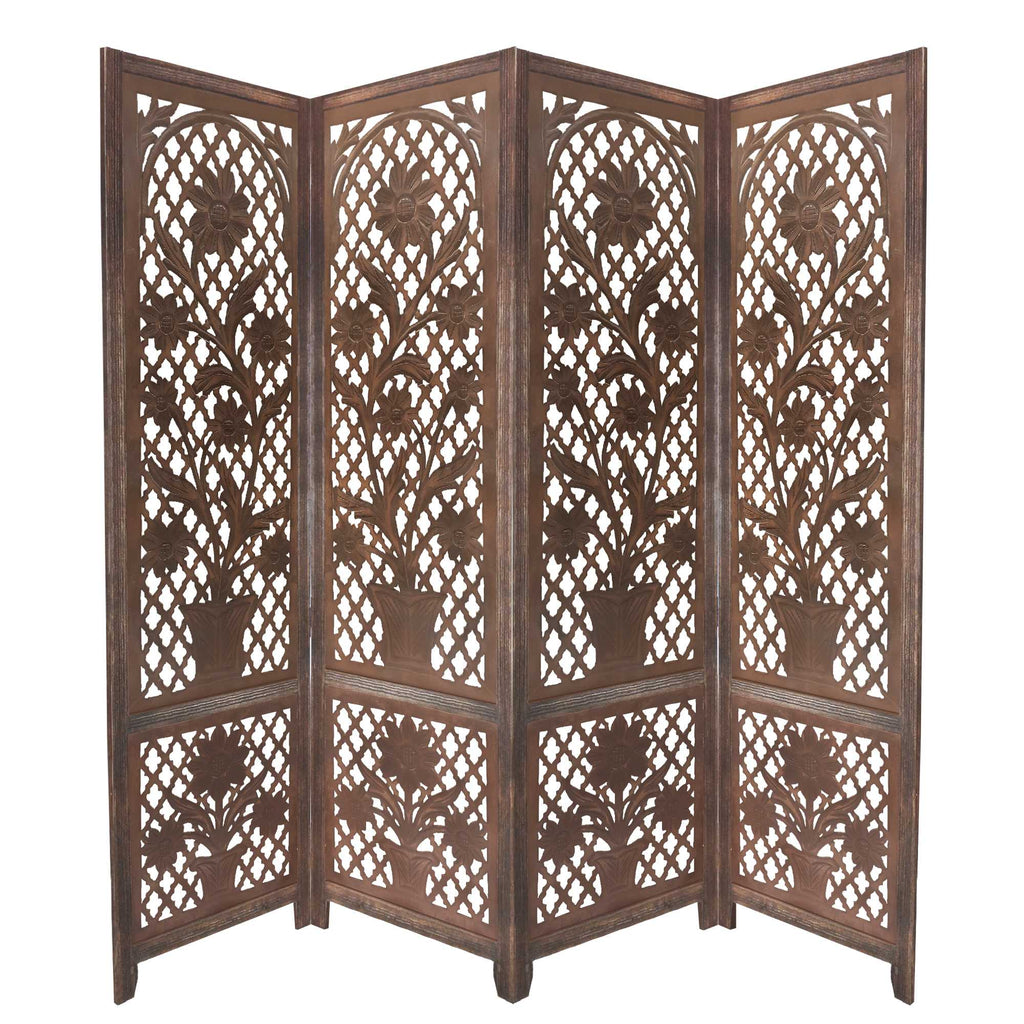 4 Panel Wooden Screen with Cutout Trellis Pattern and Flower Pot Carvings, Brown