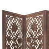 4 Panel Wooden Screen with Cutout Trellis Pattern and Flower Pot Carvings, Brown