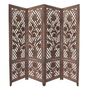 4 Panel Wooden Screen with Cutout Trellis Pattern and Flower Pot Carvings, Brown