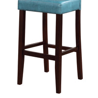 Wooden Bar Stool with Padded Seat and Open Backrest, Blue and Brown