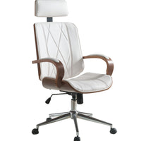 Faux Leather Office Chair Adjustable Height Swivel, White PU & Walnut brown