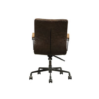 Leatherette Upholstered Metal Swivel Executive Chair with Curved Wooden Armrest, Brown and Black