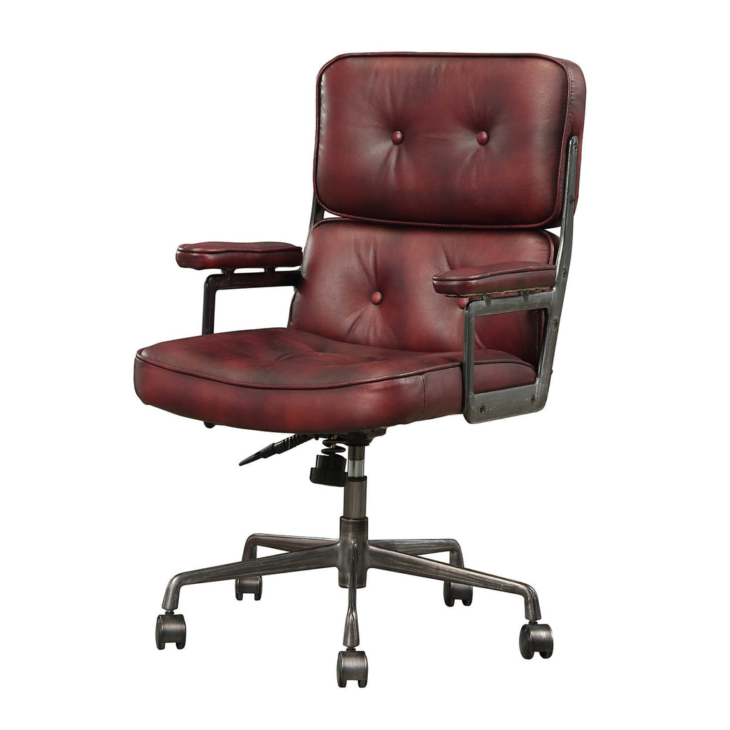 Faux Leather Upholstered Metal Swivel Executive Chair with Armrest, Red and Gray