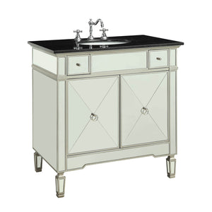 Mirrored Wooden Sink Cabinet with Two Side Drawers and Double Door Storage, Black and Silver