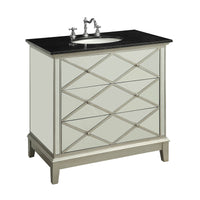 Wooden Framed Mirrored Sink Cabinet with Three Drawers and Marble Top, Black and Silver