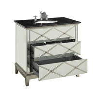 Wooden Framed Mirrored Sink Cabinet with Three Drawers and Marble Top, Black and Silver